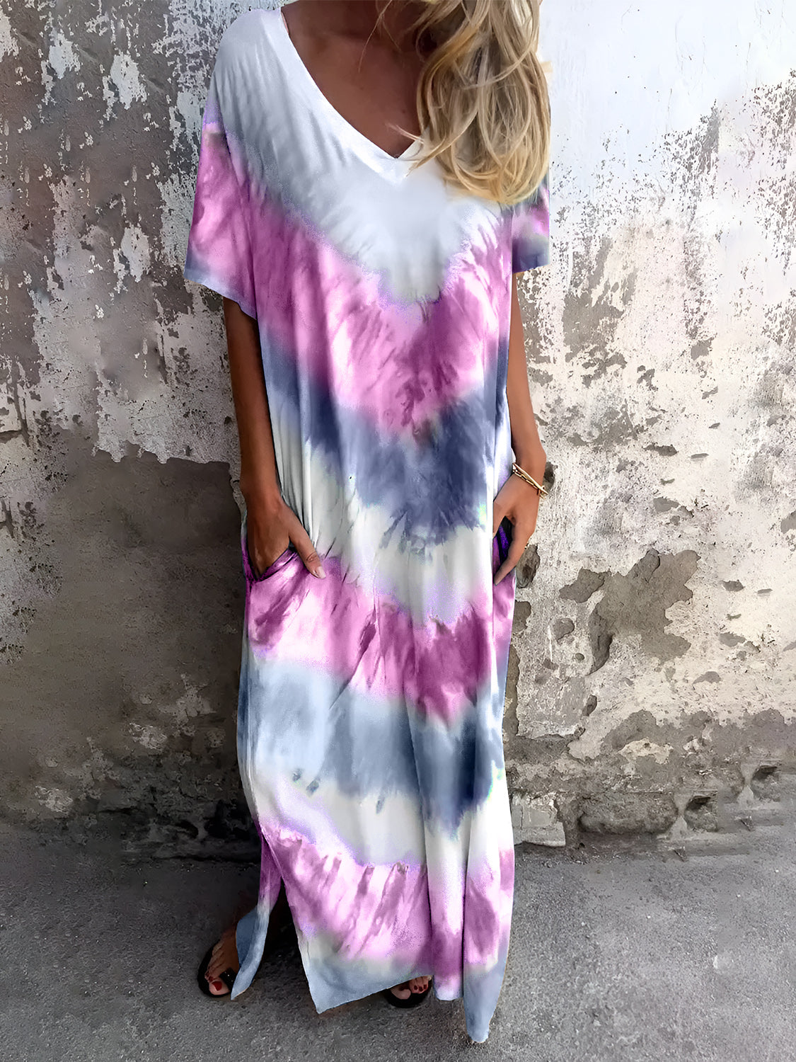 Pocketed Tie-Dye Short Sleeve Dress