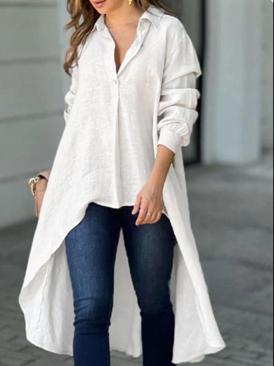 High-Low Collared Neck Long Sleeve Shirt