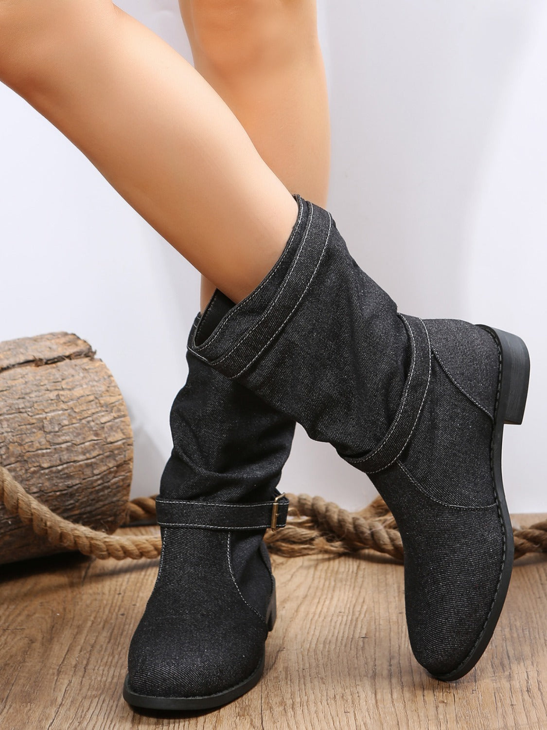 Double Buckle Block Heel Boots