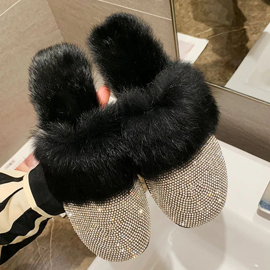 Ladies Luxury Crystal Rhinestone and Fur Slides Mules Slippers Shoes