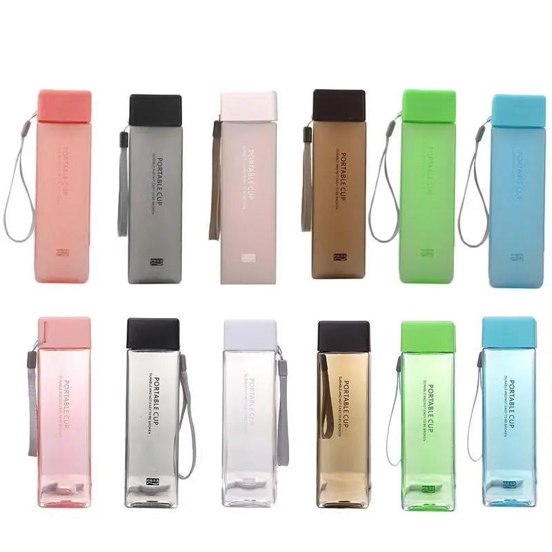 1Pc 500ml Transparent Square Plastic Matte Water Cup Outdoor Cold Juice Water Sports Cup with Portable Milk Rope Water Bottle