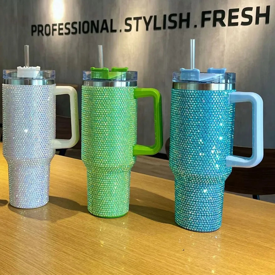 40 oz Diamond Tumbler With Handle Insulated Mug With Straw Lids Stainless Steel Coffee Termos Cup In-Car Vacuum Flasks Bottle