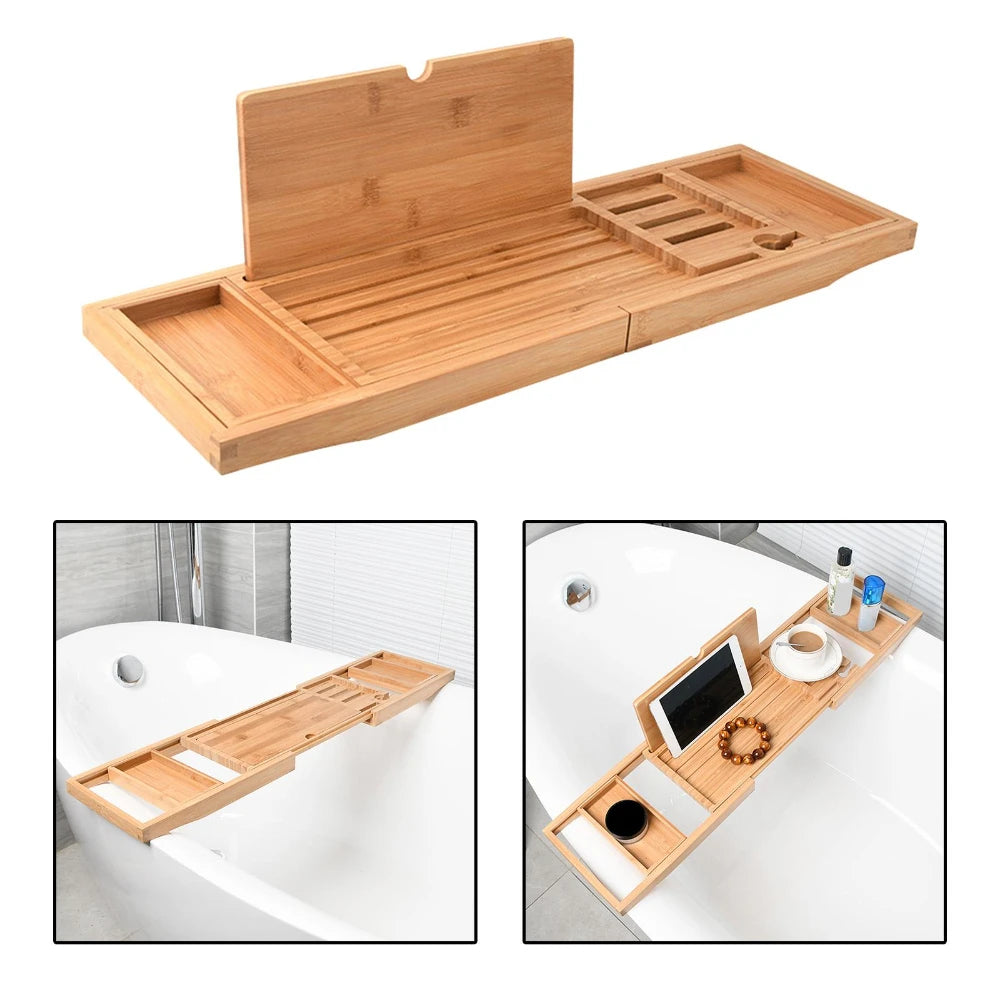 Expandable Luxury Wooden Bathtub Caddy Tray Accessories 23.62''-34.25'' Soap Dish Non Slip Tablet Holder