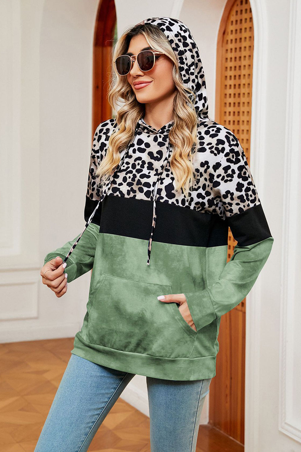 Leopard Drawstring Hoodie with Pocket