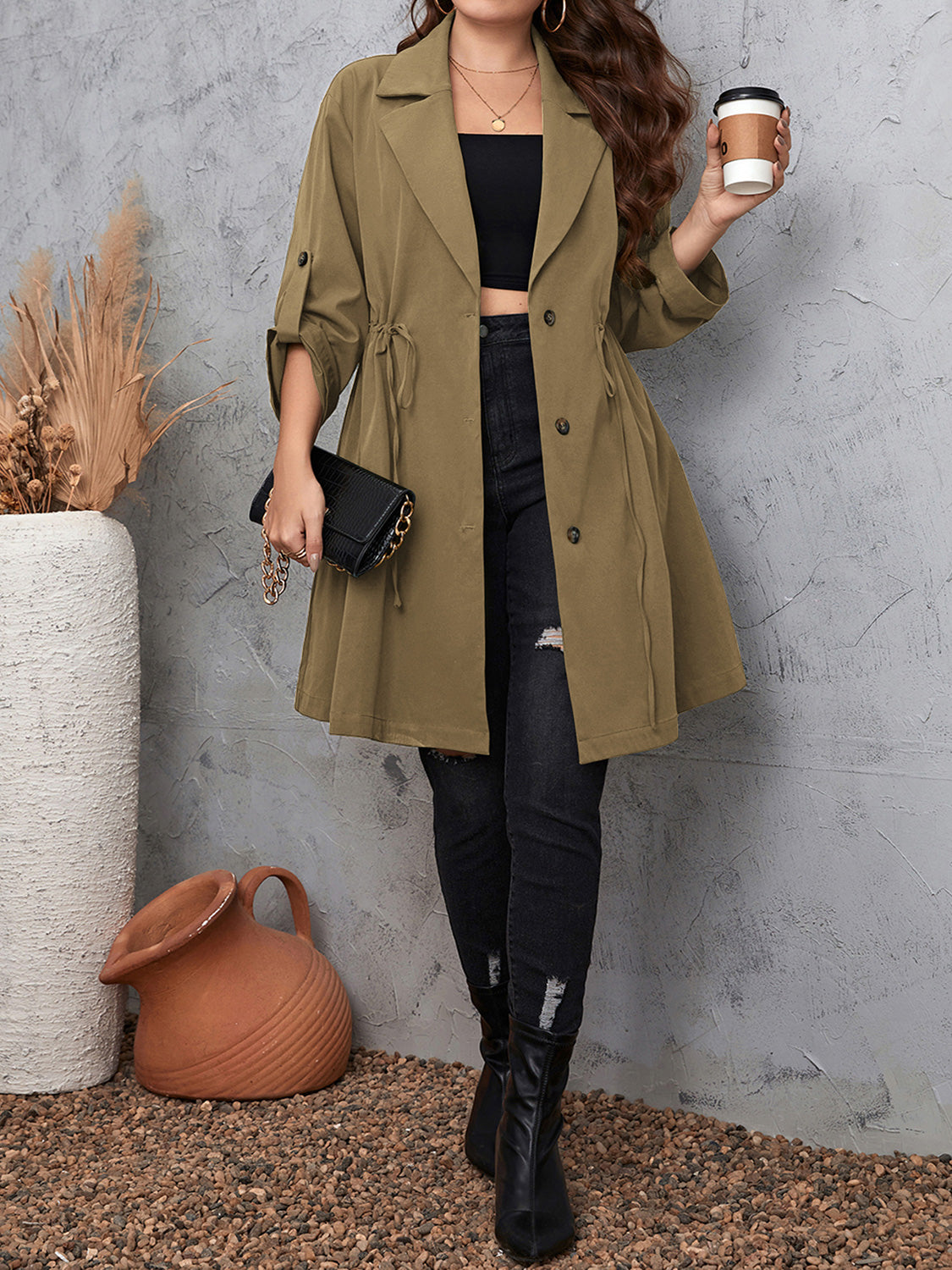 Plus Size Lapel Collar Womens Roll-Tab Sleeve Trench Coat