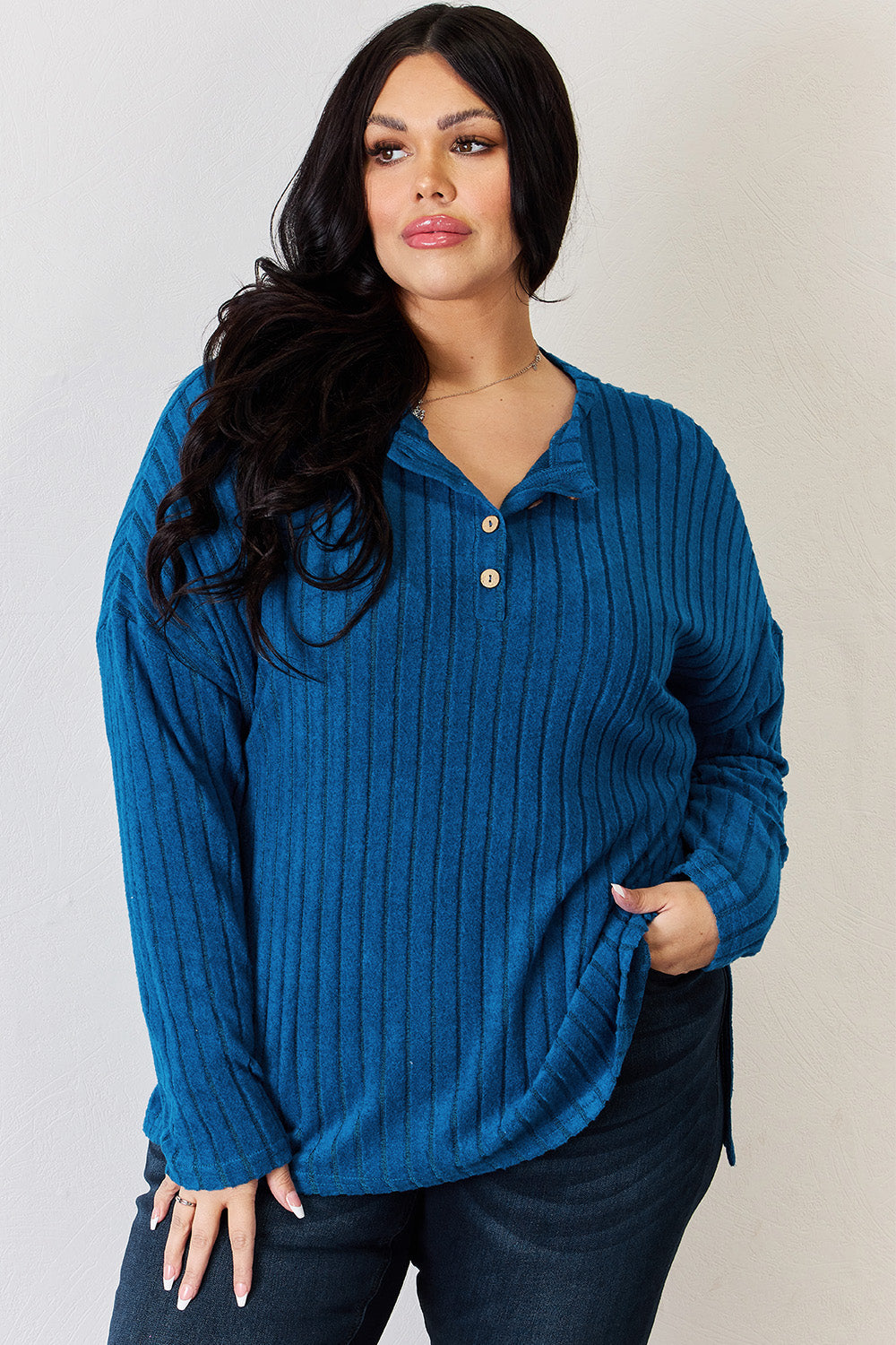 Basic Bae Full Size Ribbed Half Button Long Sleeve High-Low shirt