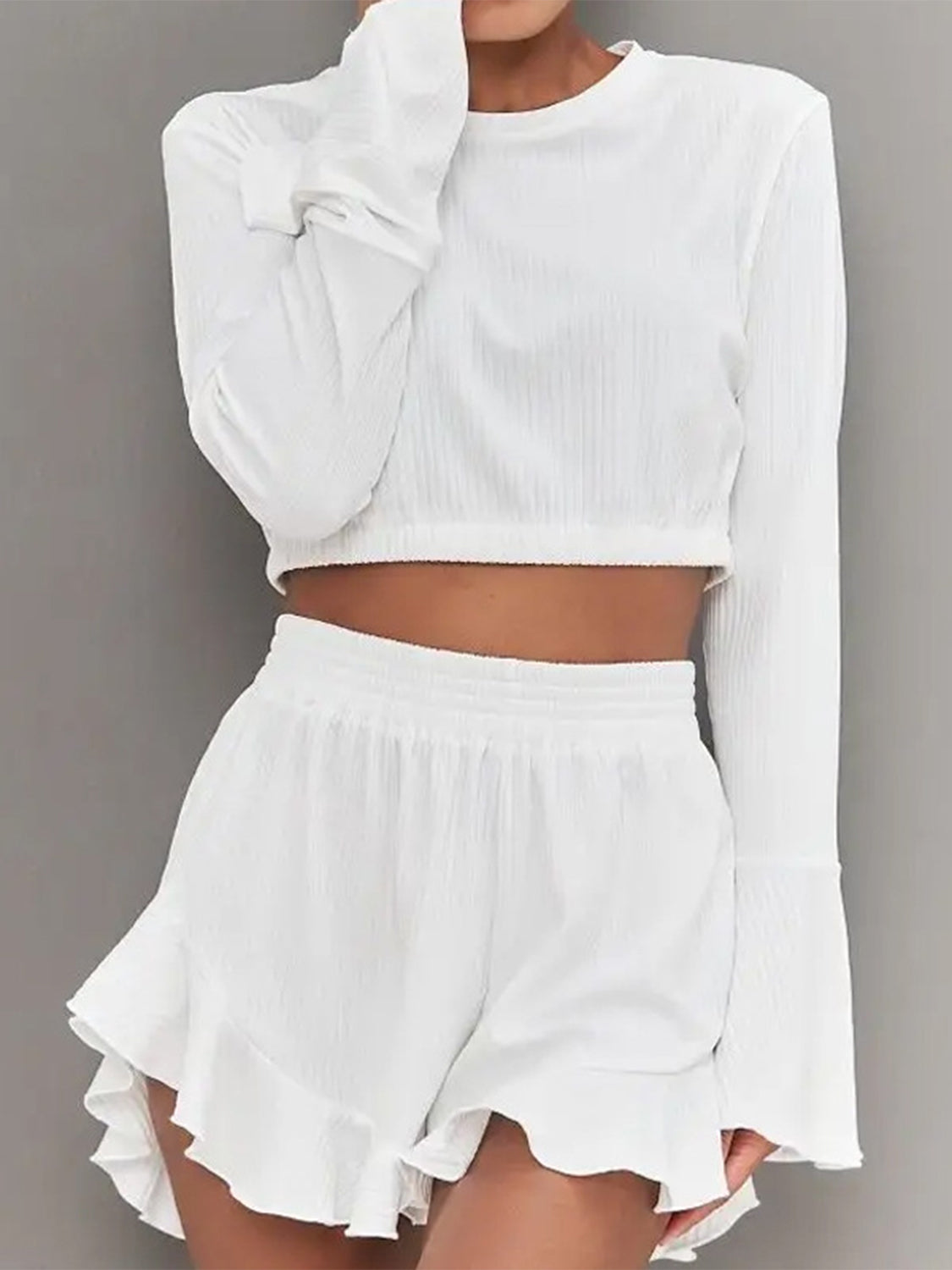 Round Neck Long Sleeve Top and Ruffled Womens Shorts Set