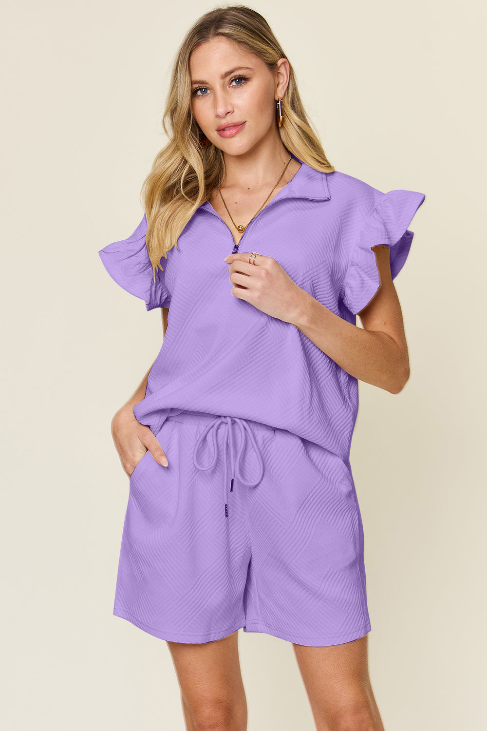 Double Texture Flounce Sleeve Top and Shorts Set