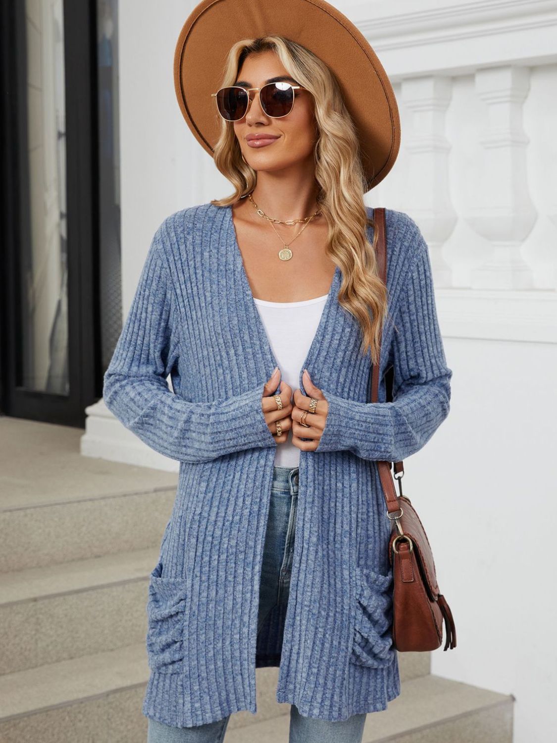 Pocketed Open Front Long Sleeve Cardigan