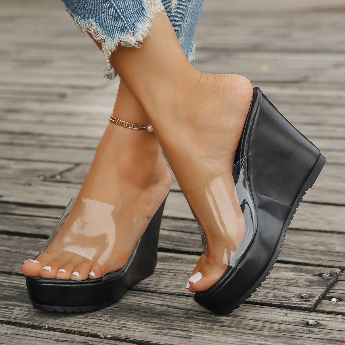 Open Toe Clear Top Wedge Sandals