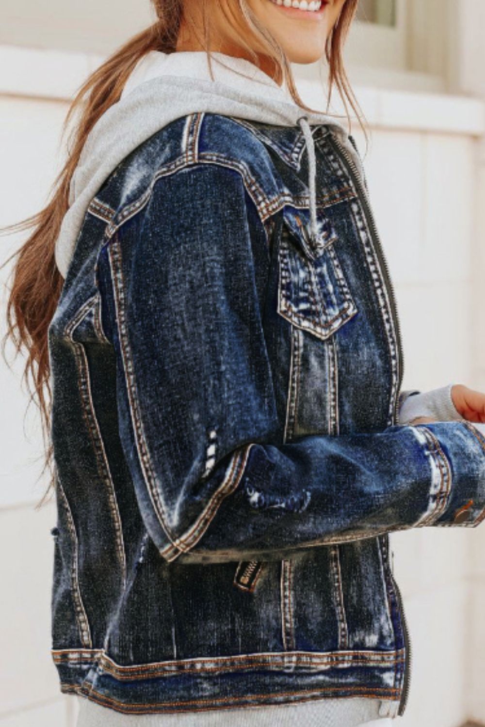 Fake Two-Piece Hooded Zip-Up Denim Jacket