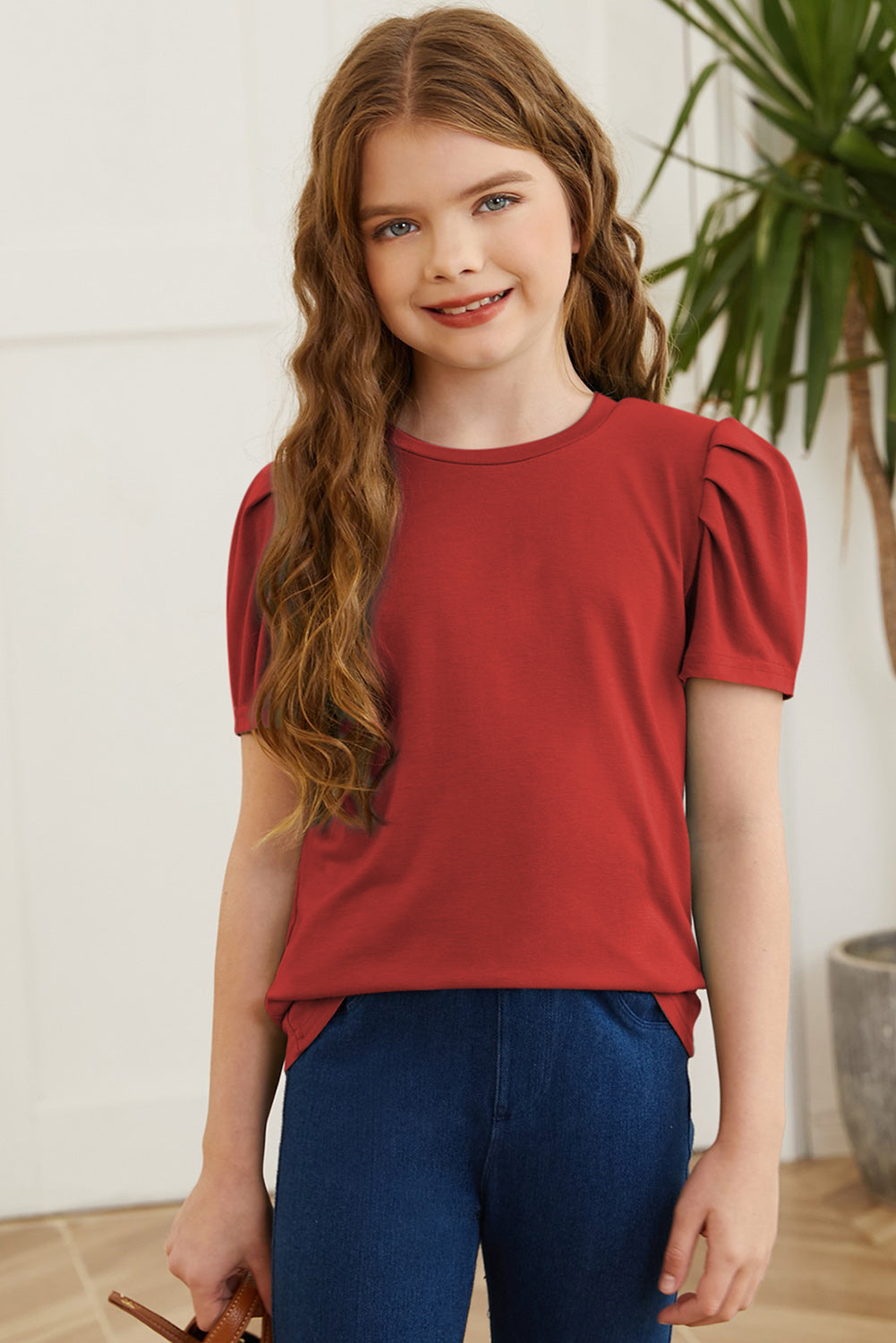 Girls Round Neck Puff Sleeve T-Shirt