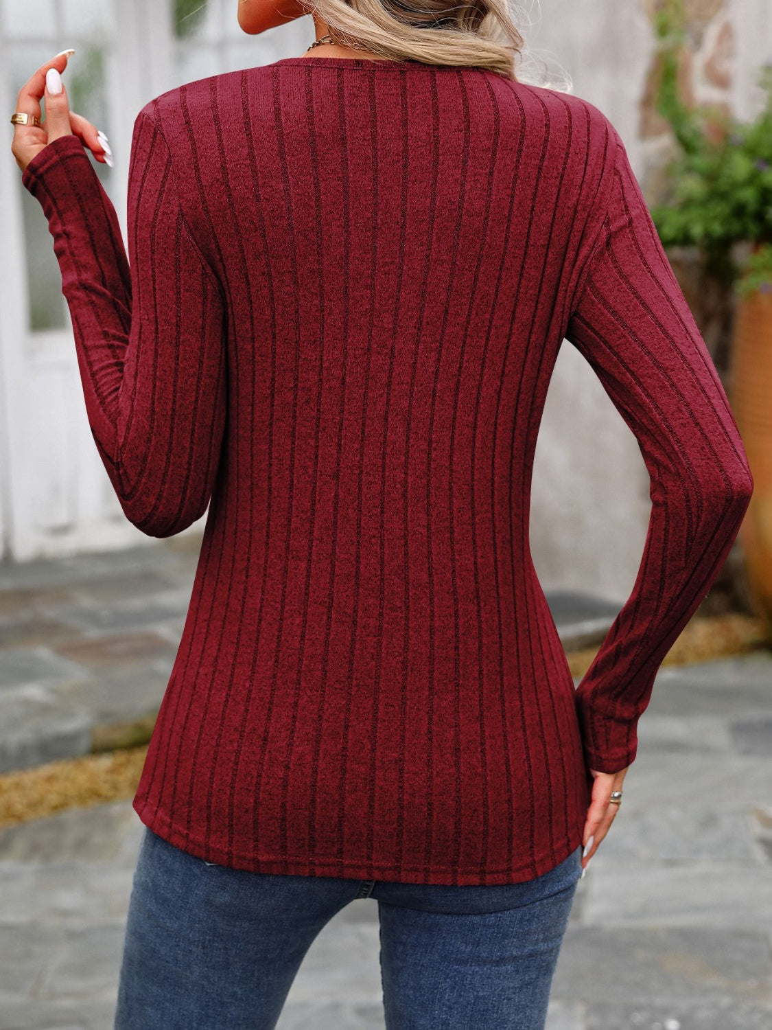 Decorative Button Round Neck Long Sleeve Shirt