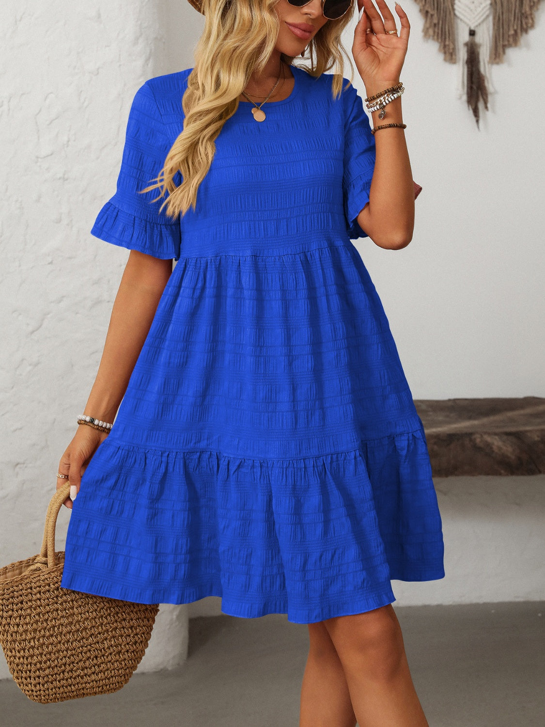 Mandy Ruffled Ruched Round Neck Half Sleeve Dress