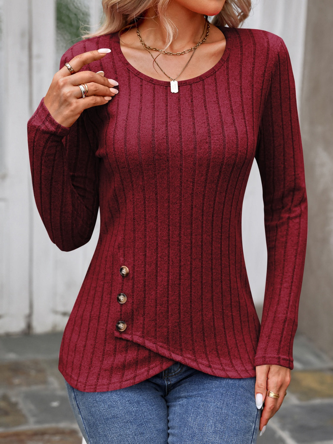 Decorative Button Round Neck Long Sleeve Shirt