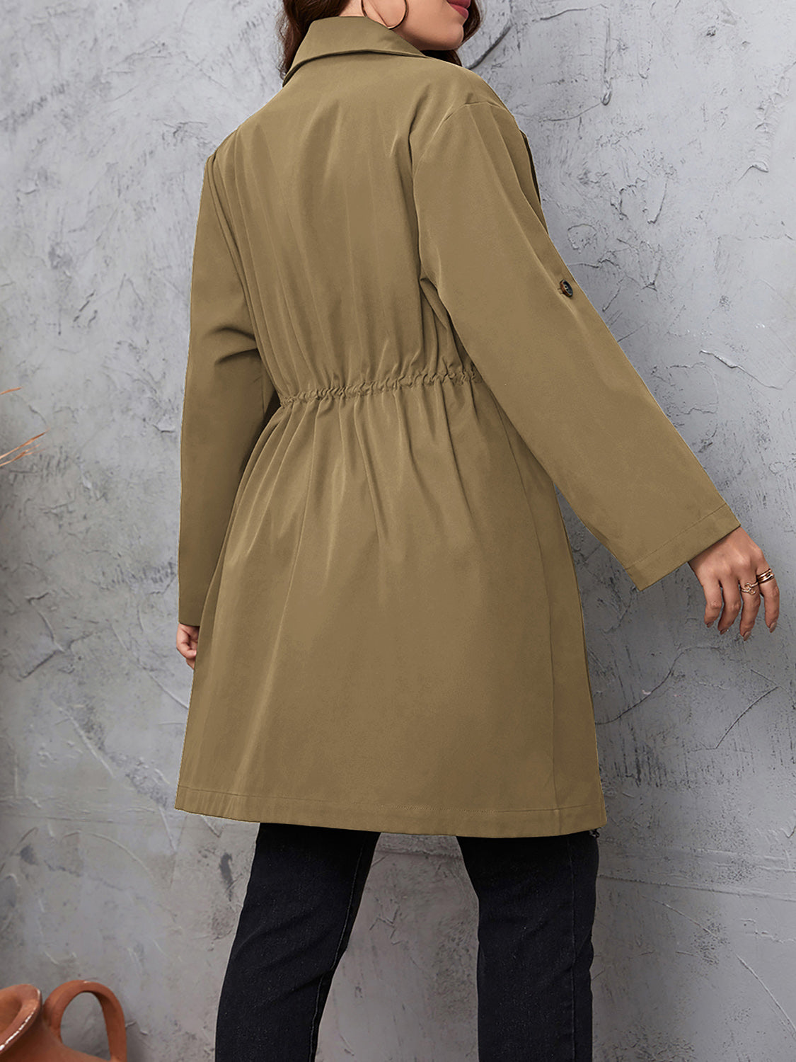 Plus Size Lapel Collar Womens Roll-Tab Sleeve Trench Coat