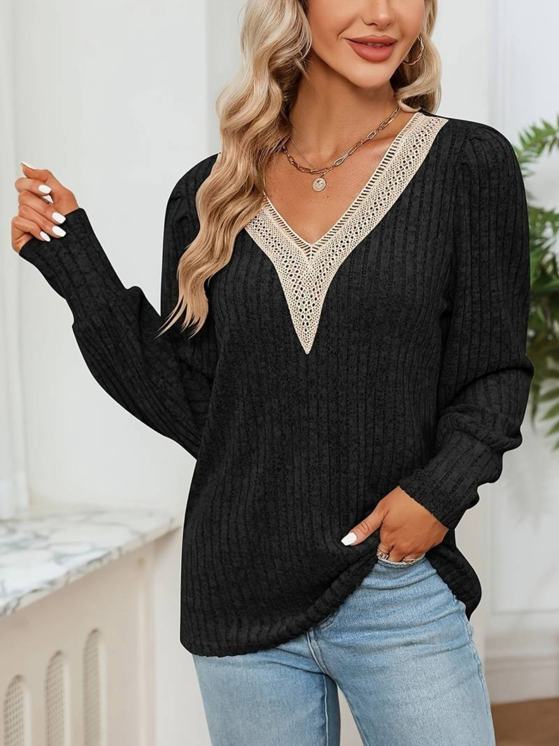 V-Neck Long Sleeve Knit Shirt with Lace Detail