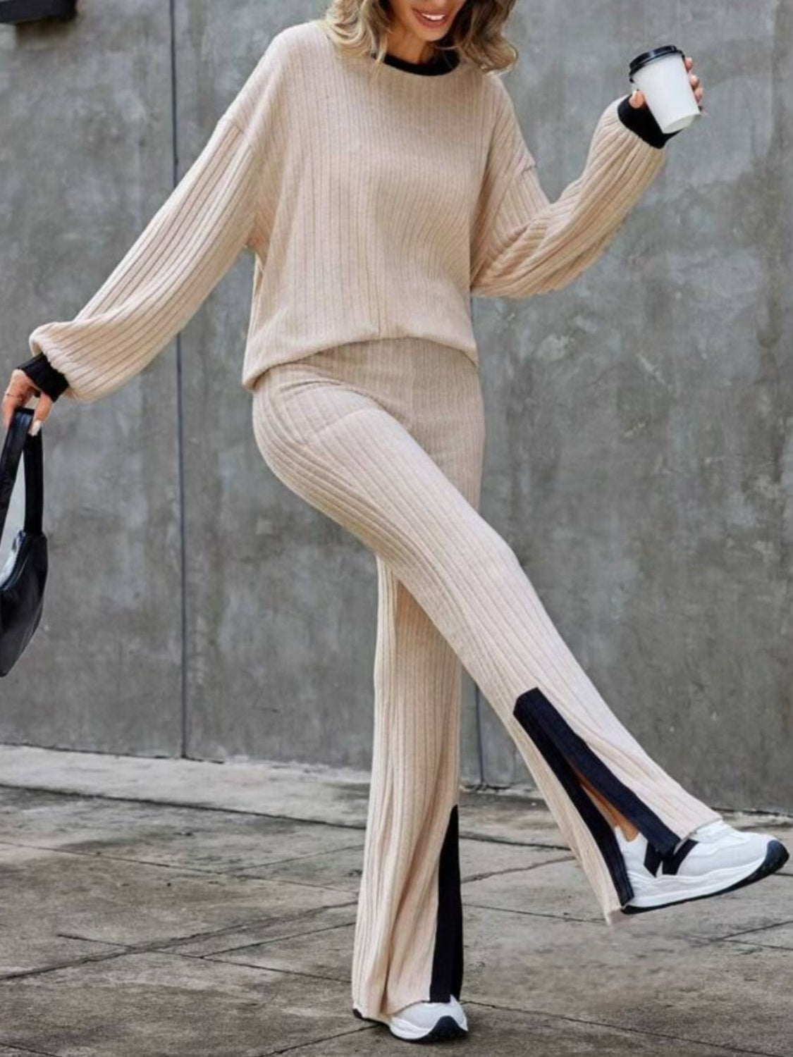 Contrast Round Neck Long Sleeve Top and Pants Set