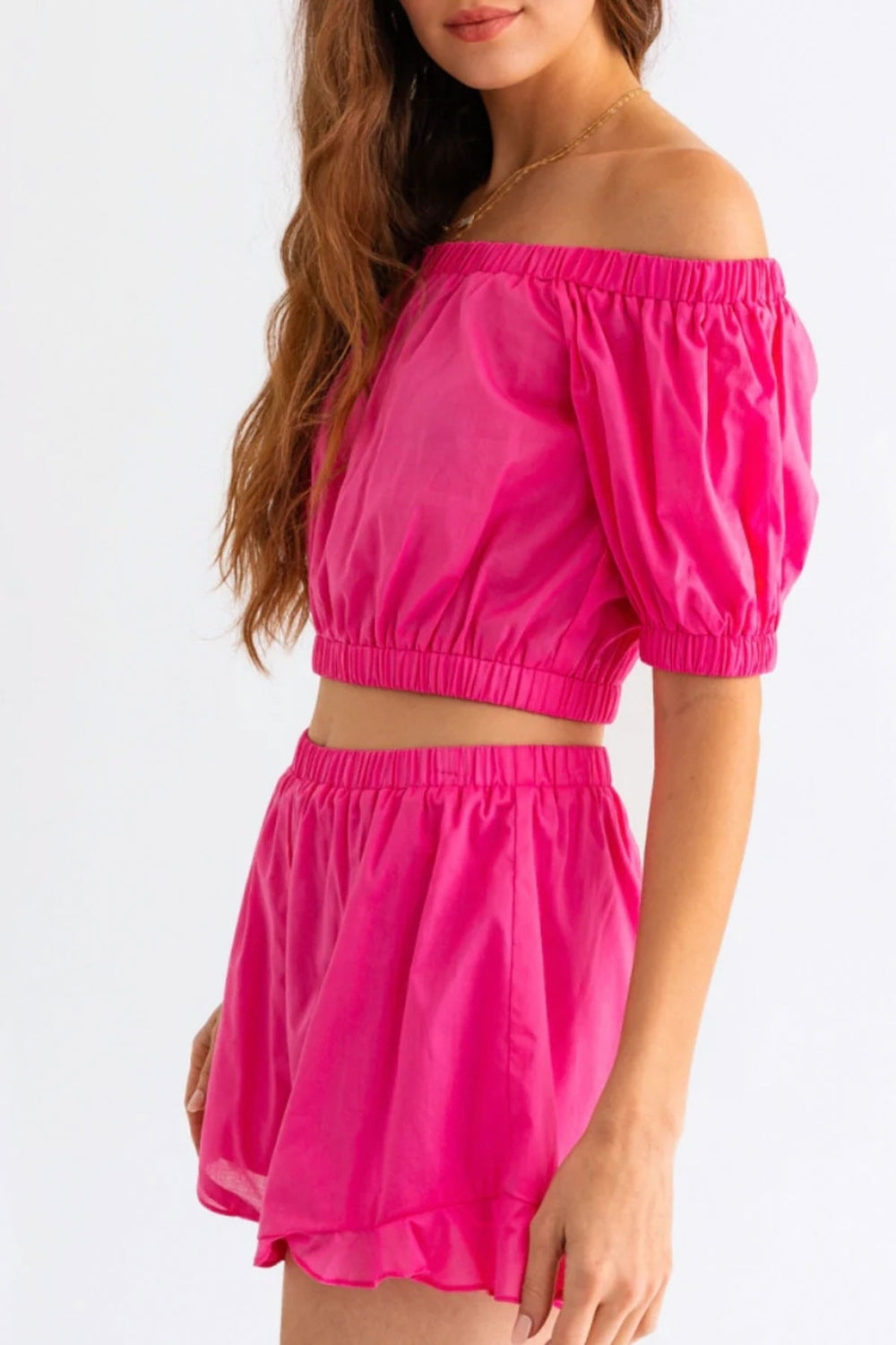 Le Lis Off Shoulder Crop Top and Ruffled Womens Shorts Set