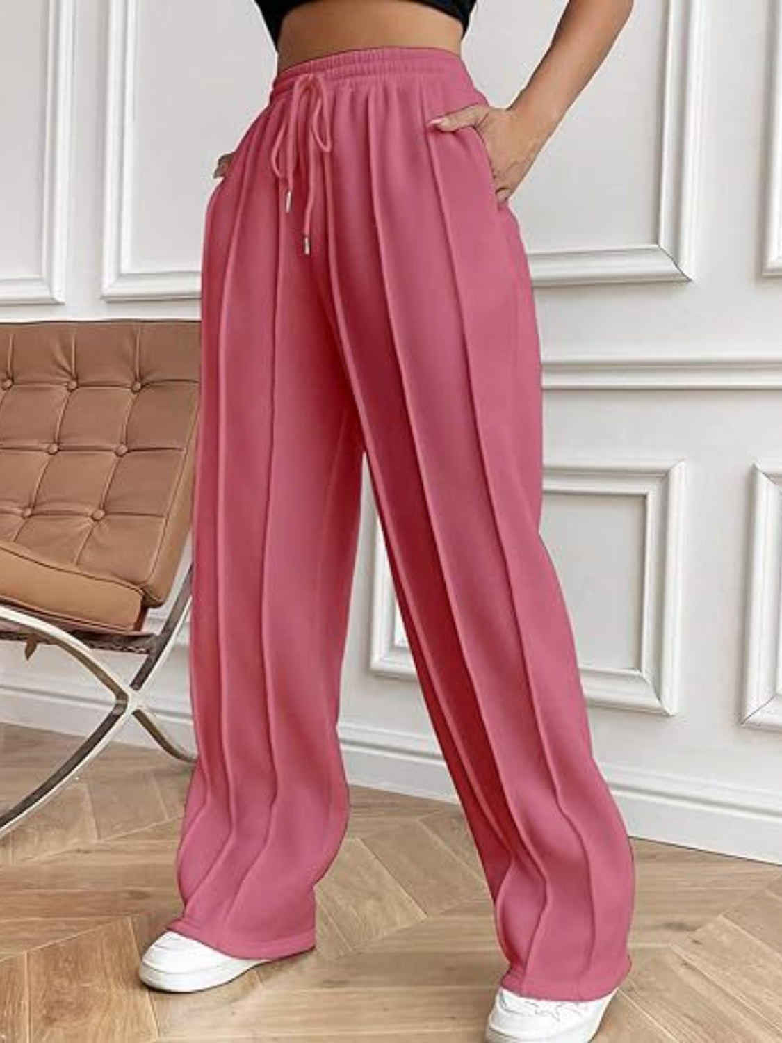 Drawstring Wide Leg Pants with Pockets