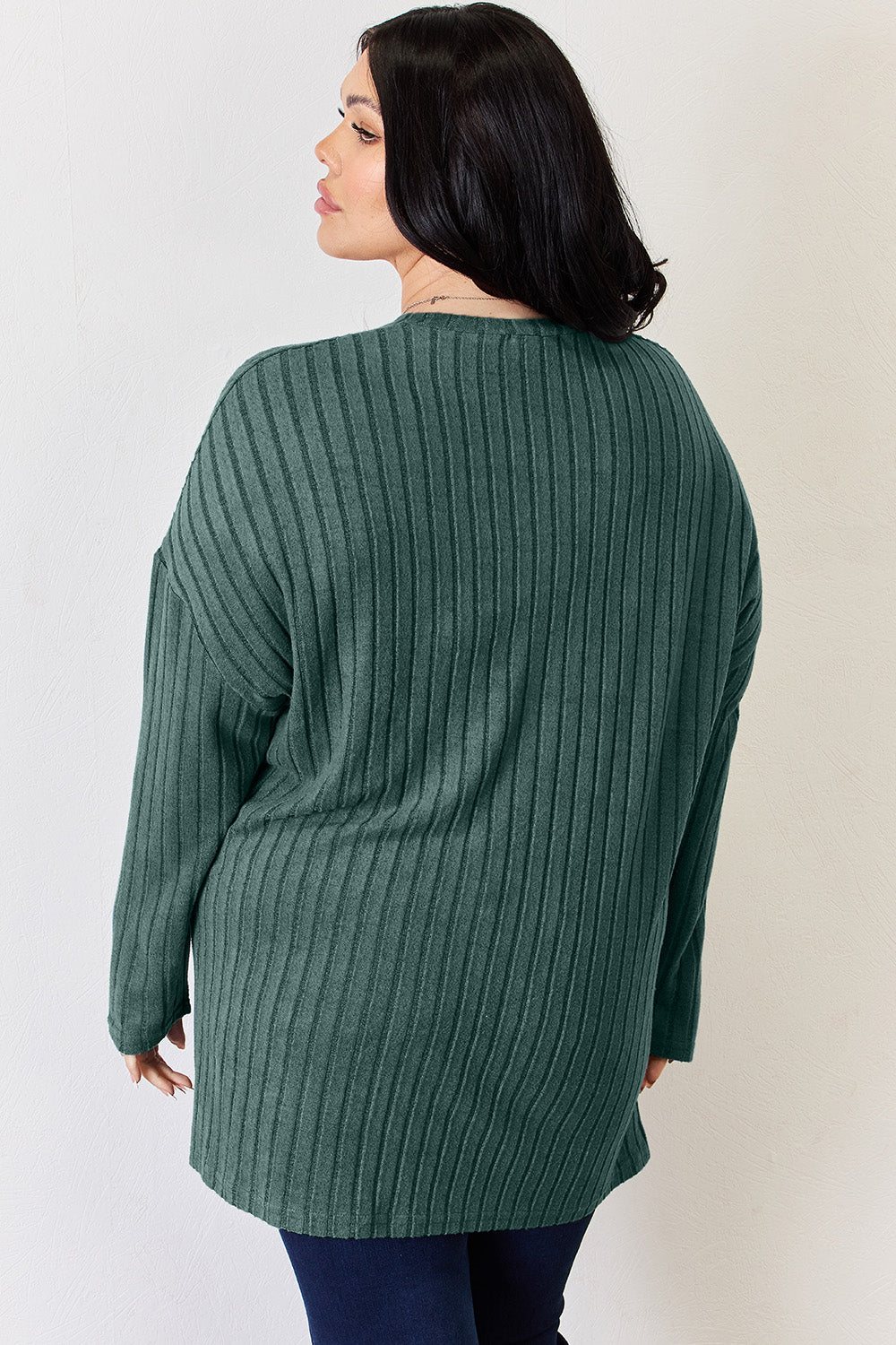 Basic Bae Full Size Ribbed Half Button Long Sleeve High-Low shirt