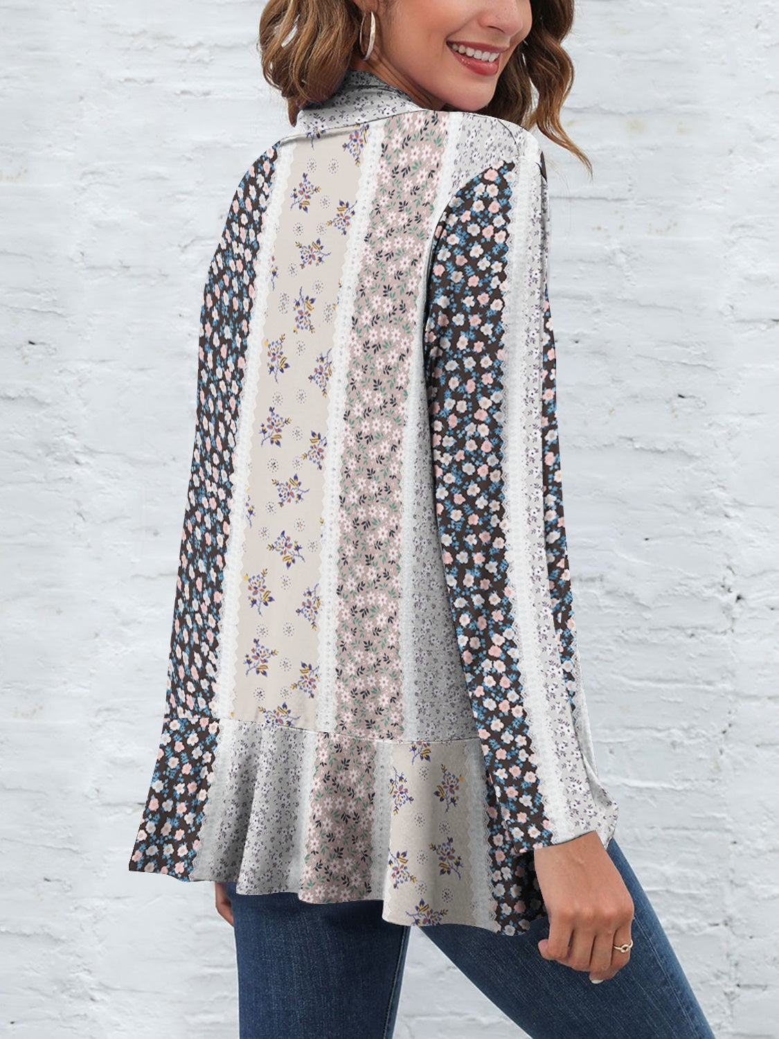 Printed Open Front Womens Long Sleeve Cardigan