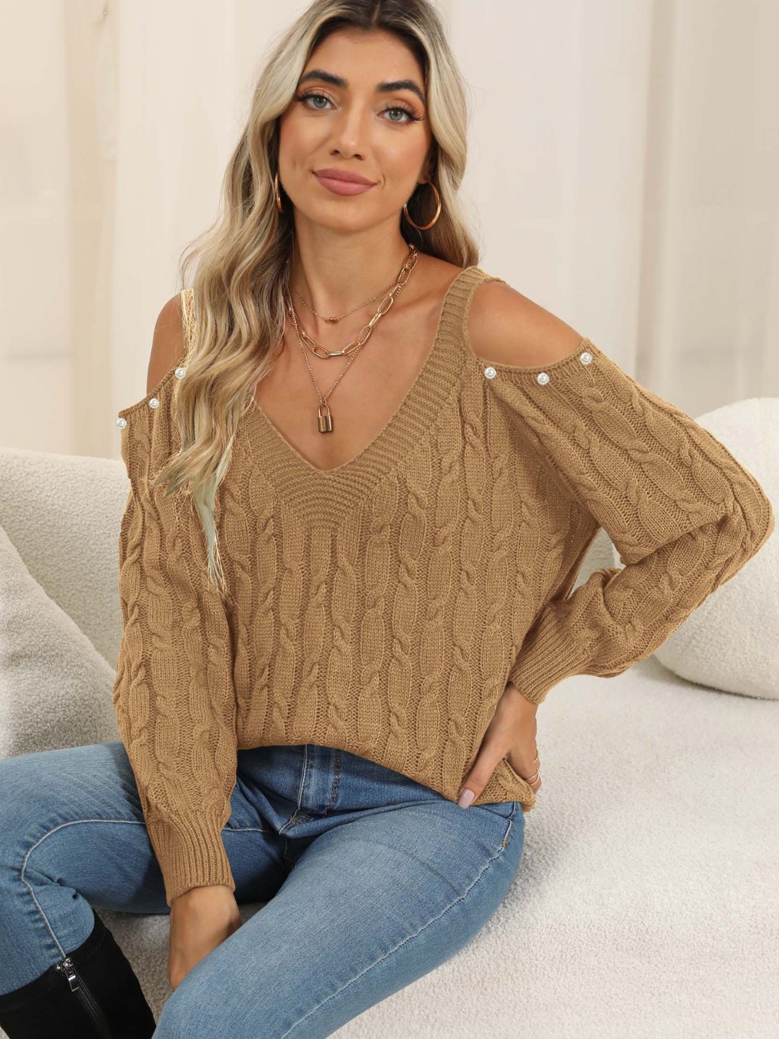 Cable-Knit Cold Shoulder Womens Sweater