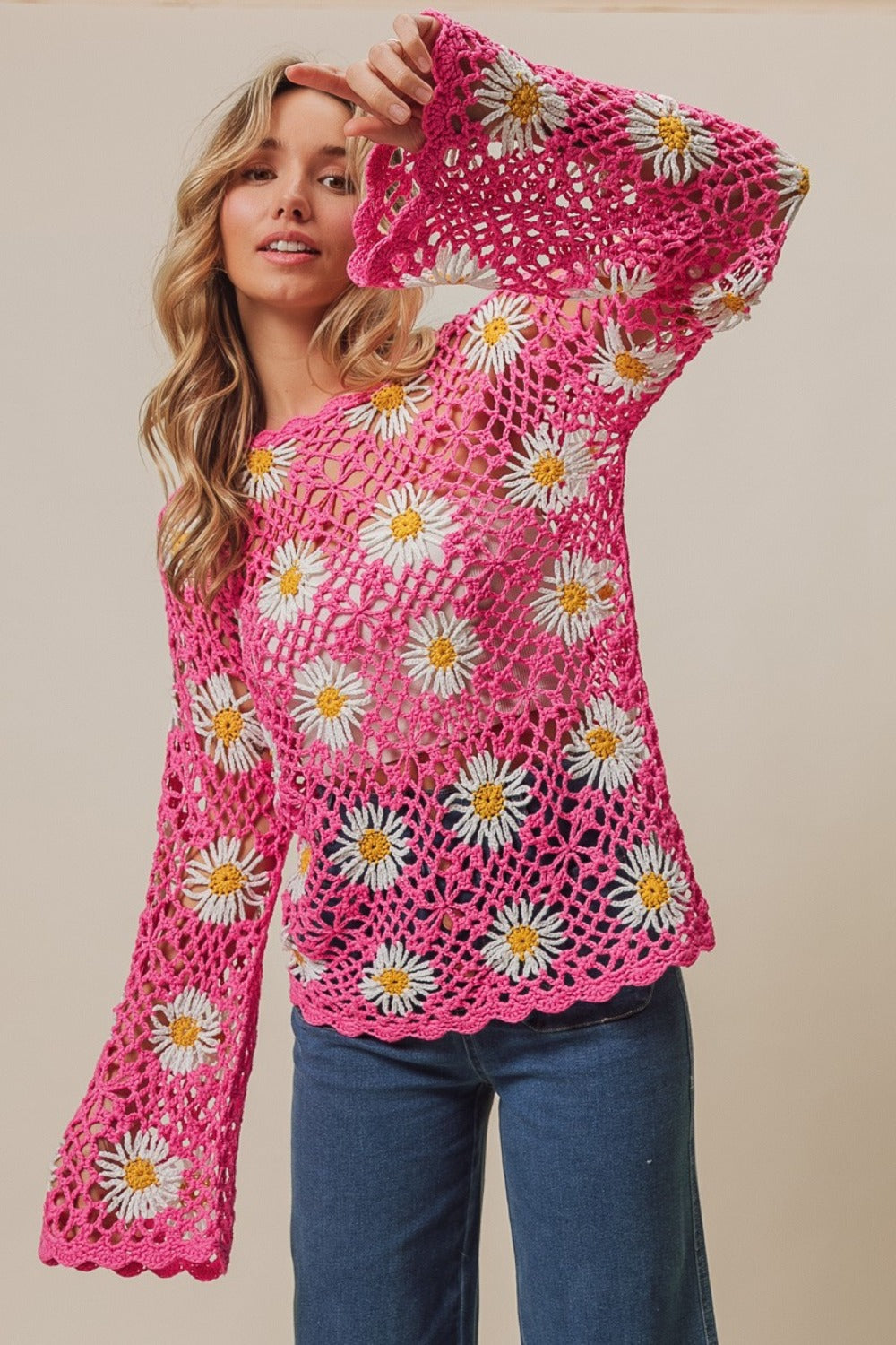 BiBi Floral Crochet Sweater Knit Lace Cover Up