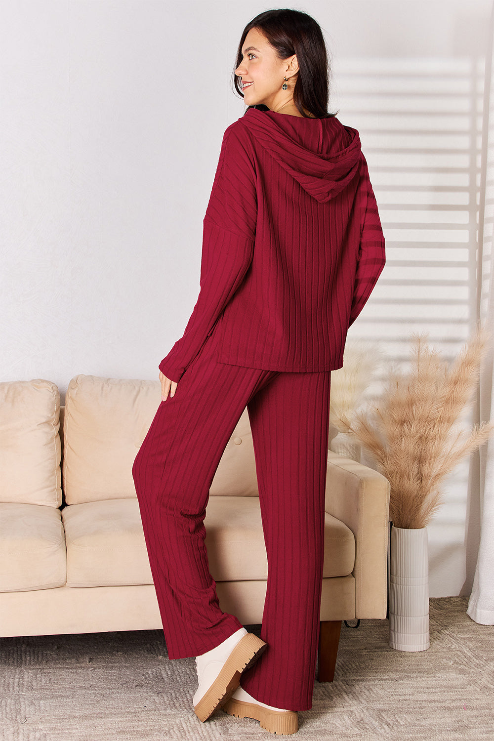 Basic Bae Full Size Ribbed Hooded Top and Straight Pants Set