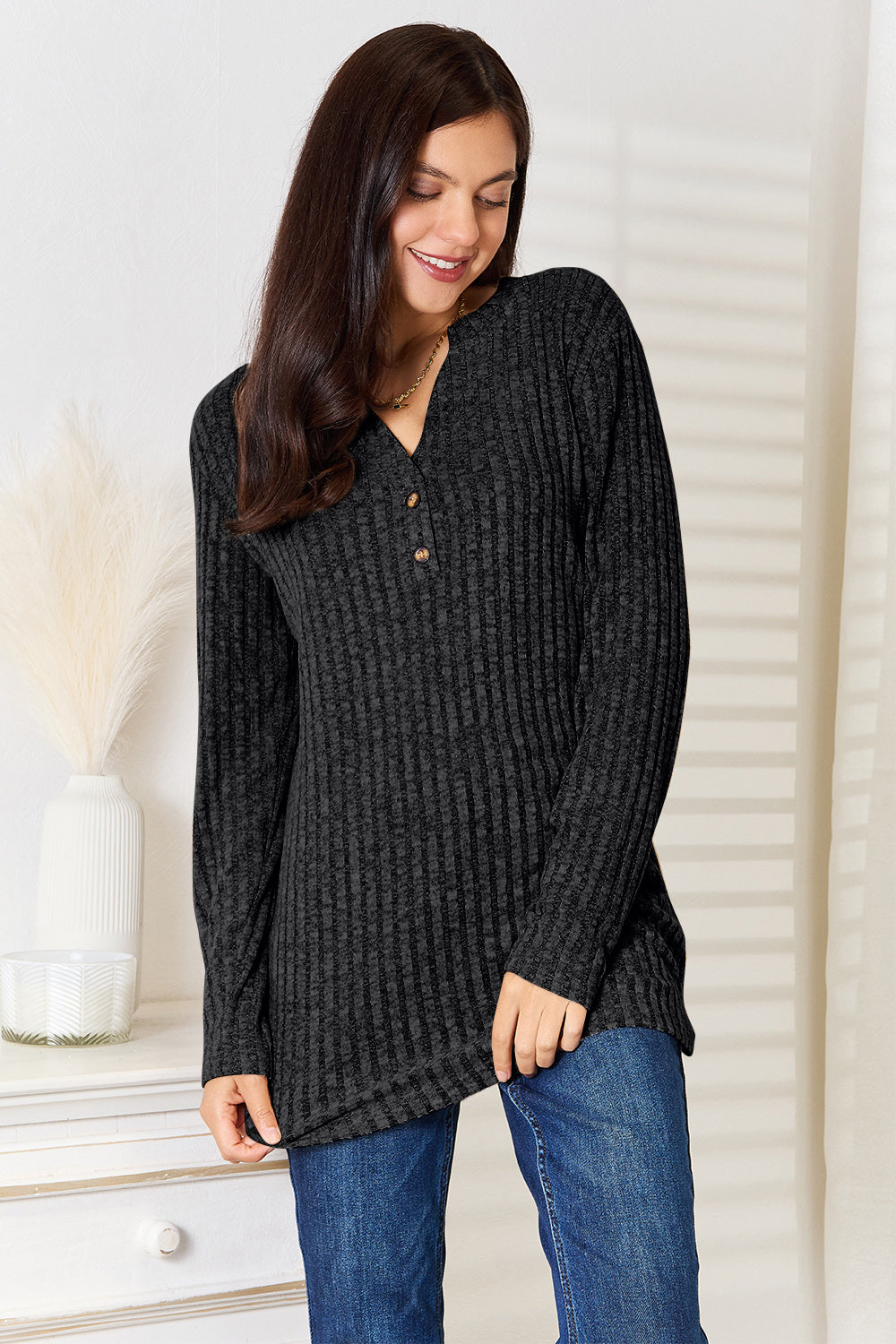 Double Take Notched Neck Ribbed Long Sleeve Shirt