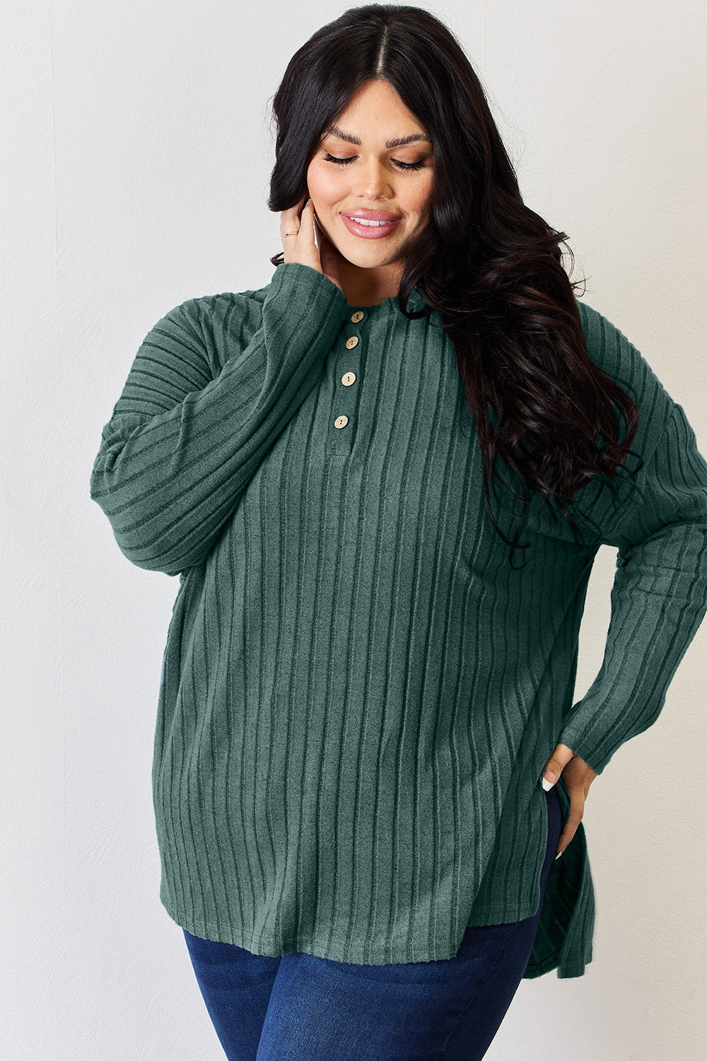 Basic Bae Full Size Ribbed Half Button Long Sleeve High-Low shirt