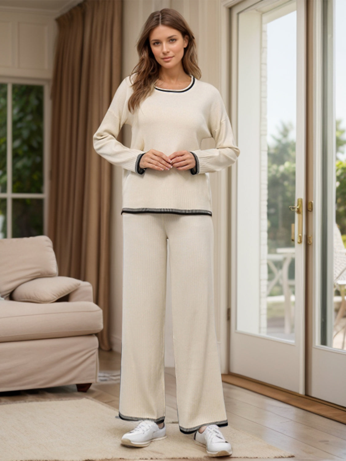 Contrast Trim Round Neck Top and Pants Sweater Set