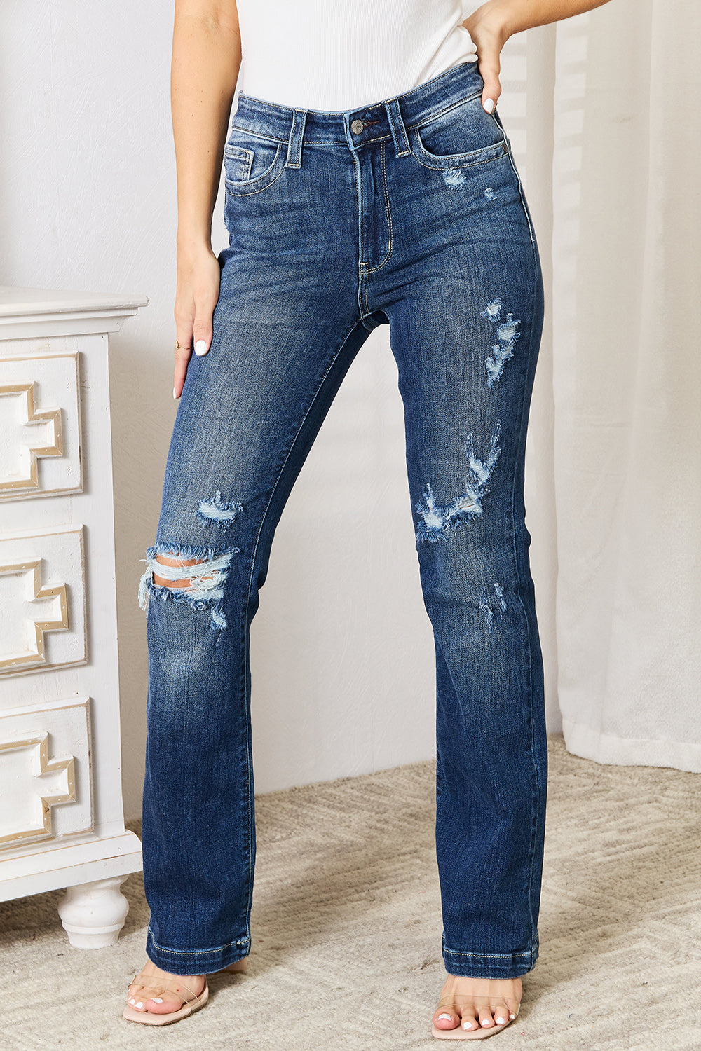 Judy Blue Full Size Mid Rise Hand Sand & Destroy Jeans