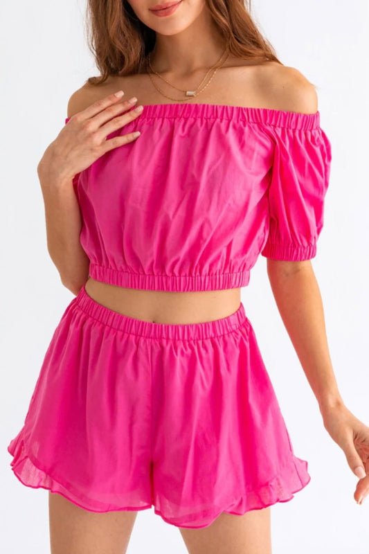 Le Lis Off Shoulder Crop Top and Ruffled Womens Shorts Set