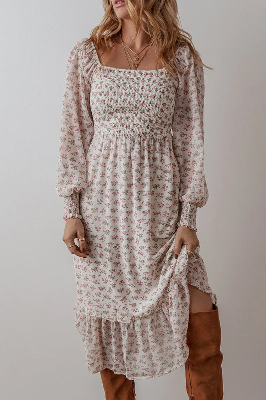 Smocked Floral Square Neck Long Sleeve Midi Dress