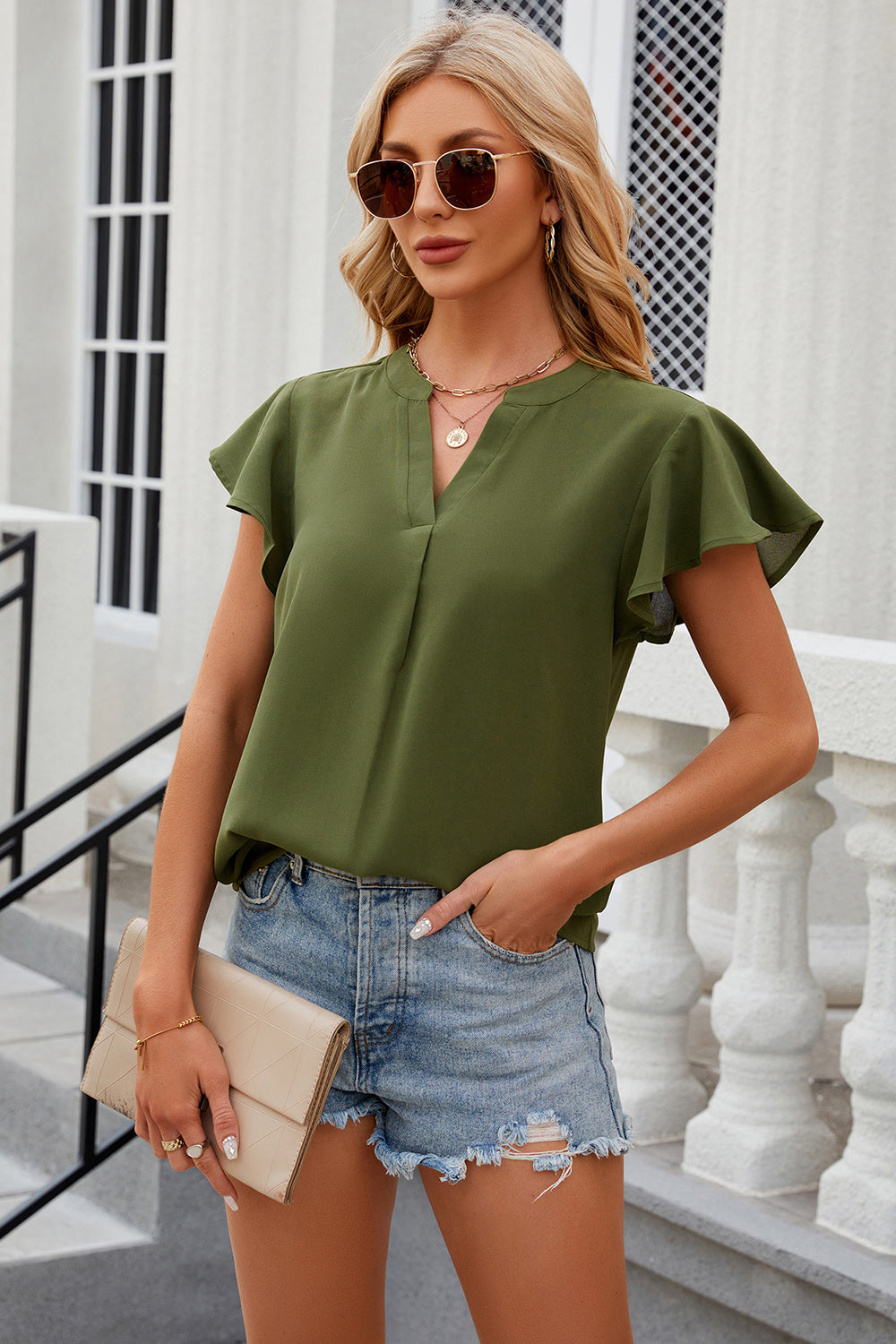 Notched Cap Sleeve Blouse