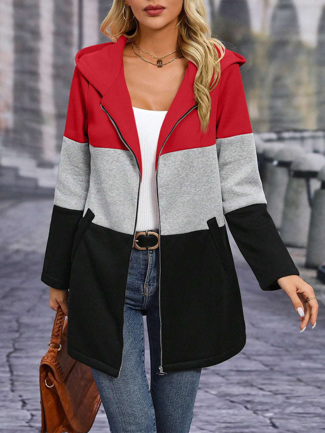 Color Block Zip Up Long Sleeve Hooded Outerwear