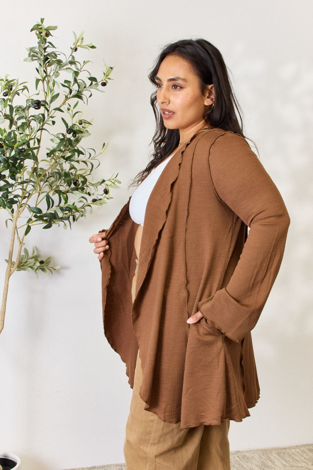 Coco Brown Culture Code Full Size Open Front Long Sleeve Cardigan