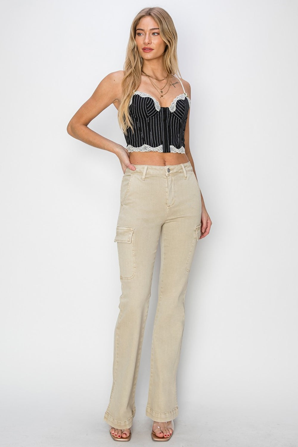 RISEN Full Size High Rise Side Slit Cargo Jeans