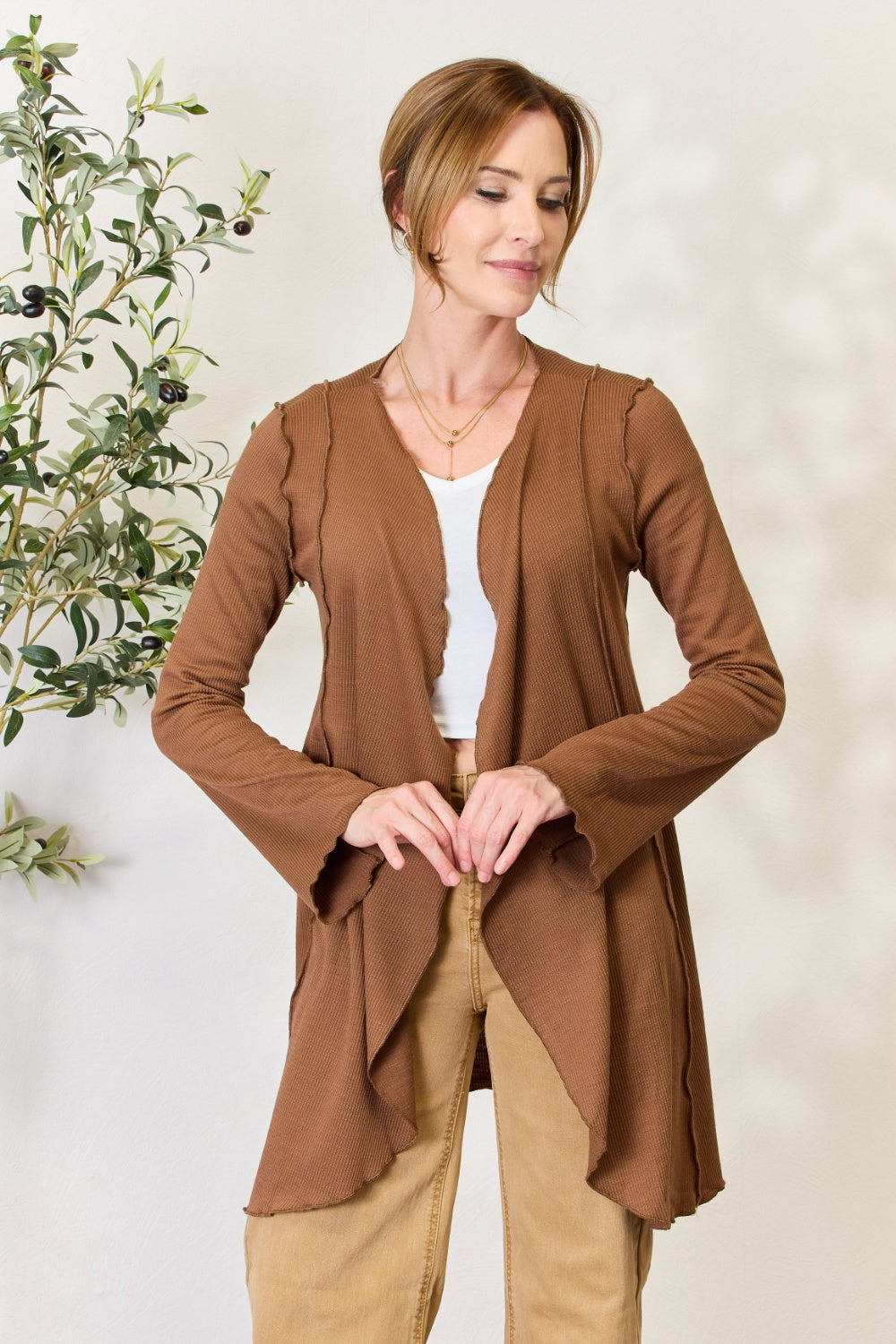 Coco Brown Culture Code Full Size Open Front Long Sleeve Cardigan