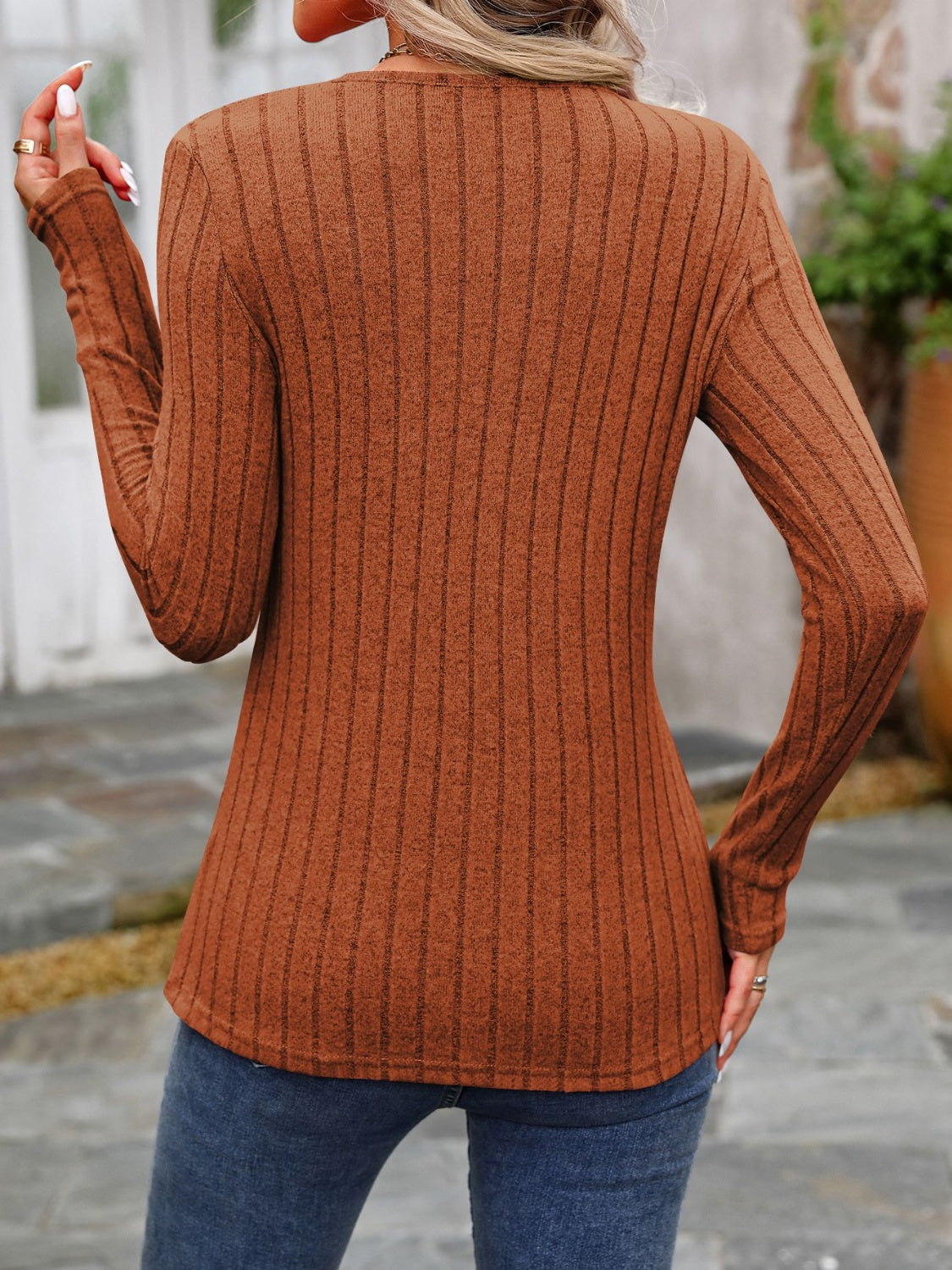 Decorative Button Round Neck Long Sleeve Shirt