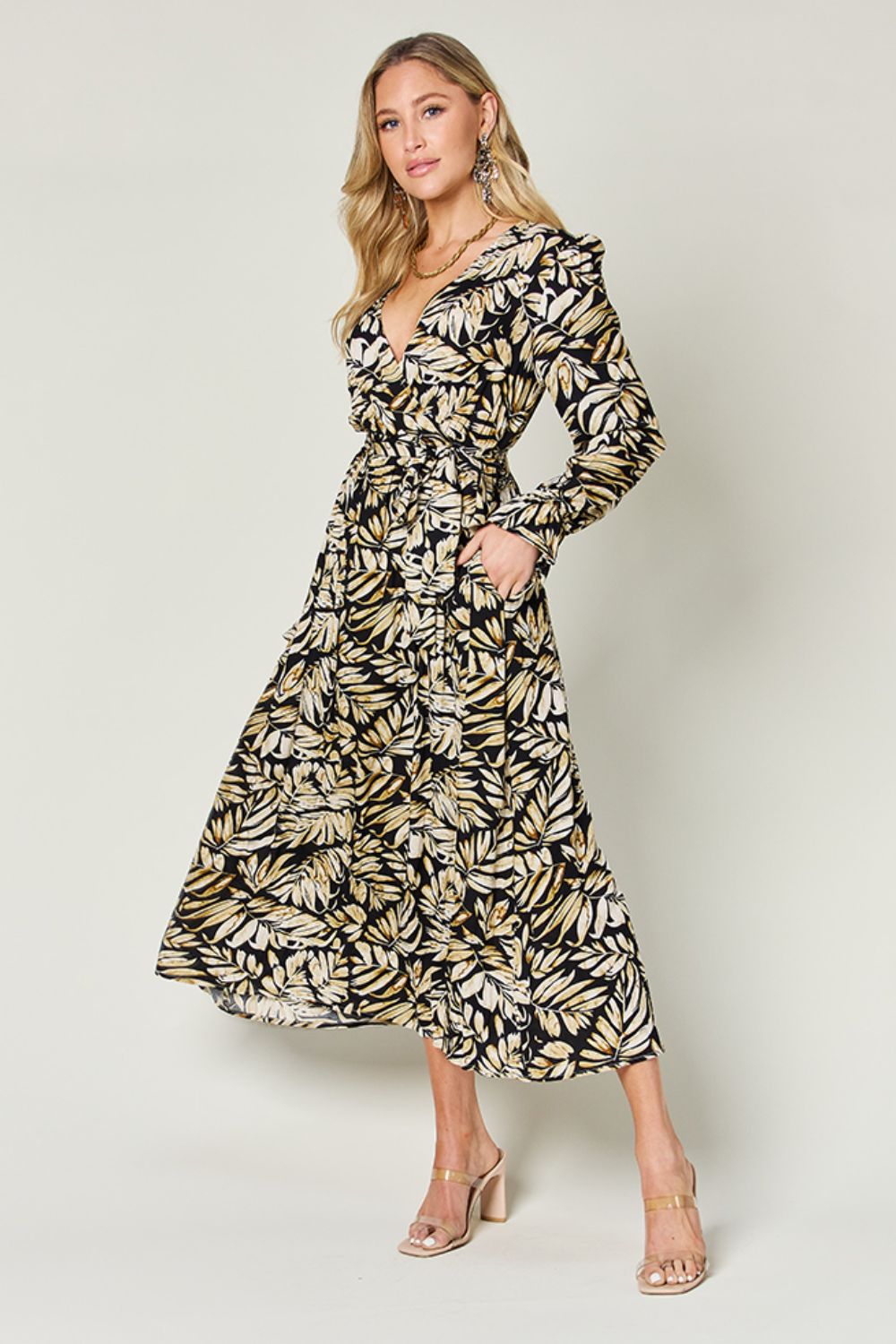 Double Take Tie Back Flounce Sleeve Dress