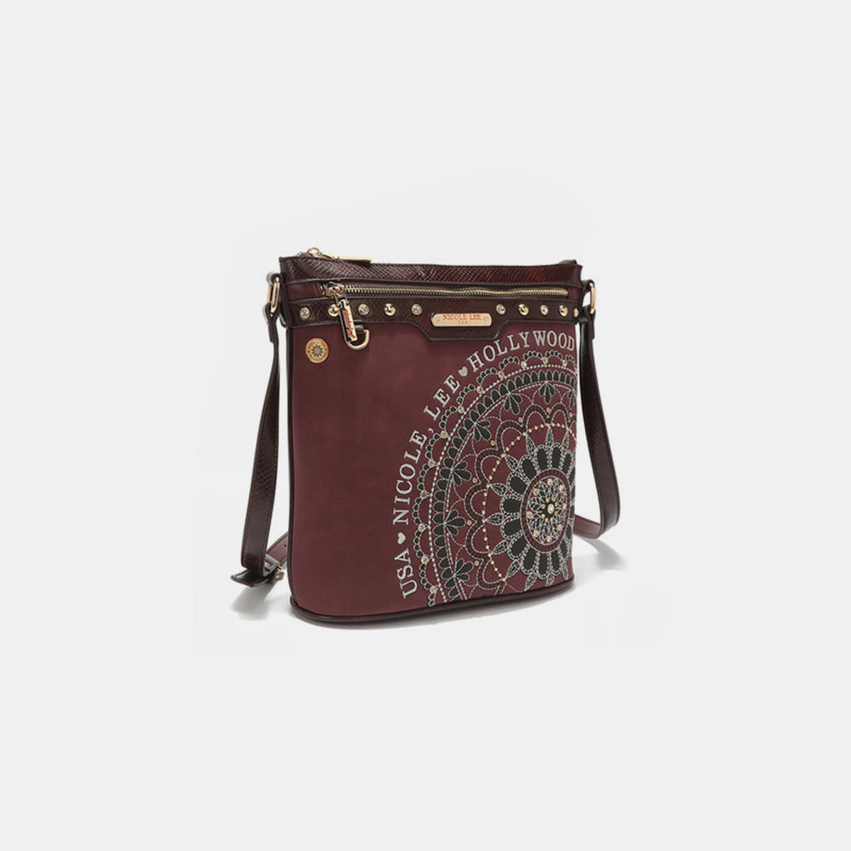 Nicole Lee USA Metallic Stitching Embroidery Inlaid Rhinestone Crossbody Bag/ Purse