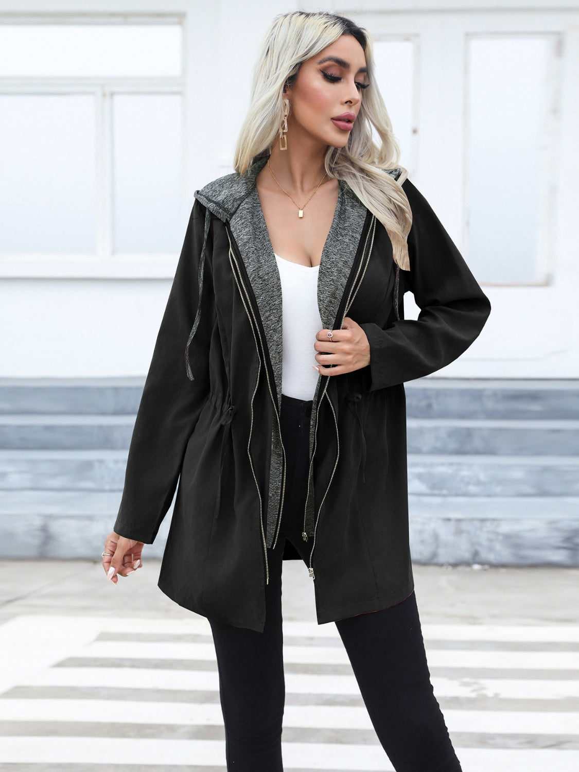 Zip Up Hooded Trench Coat