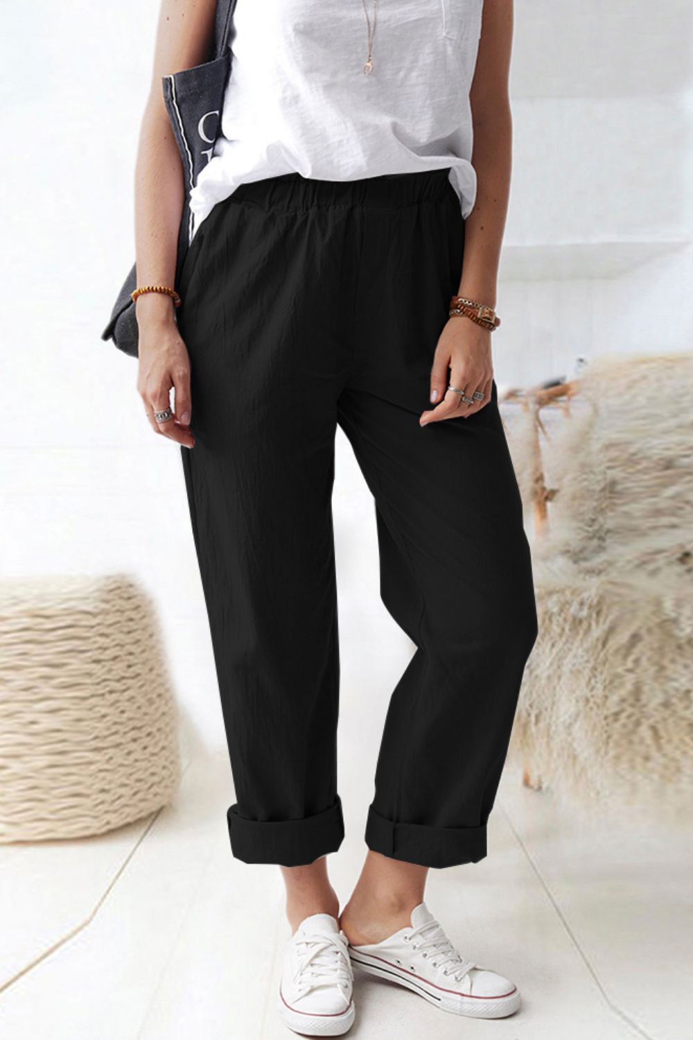 Shiny Waist Pull-On Pants with Pockets