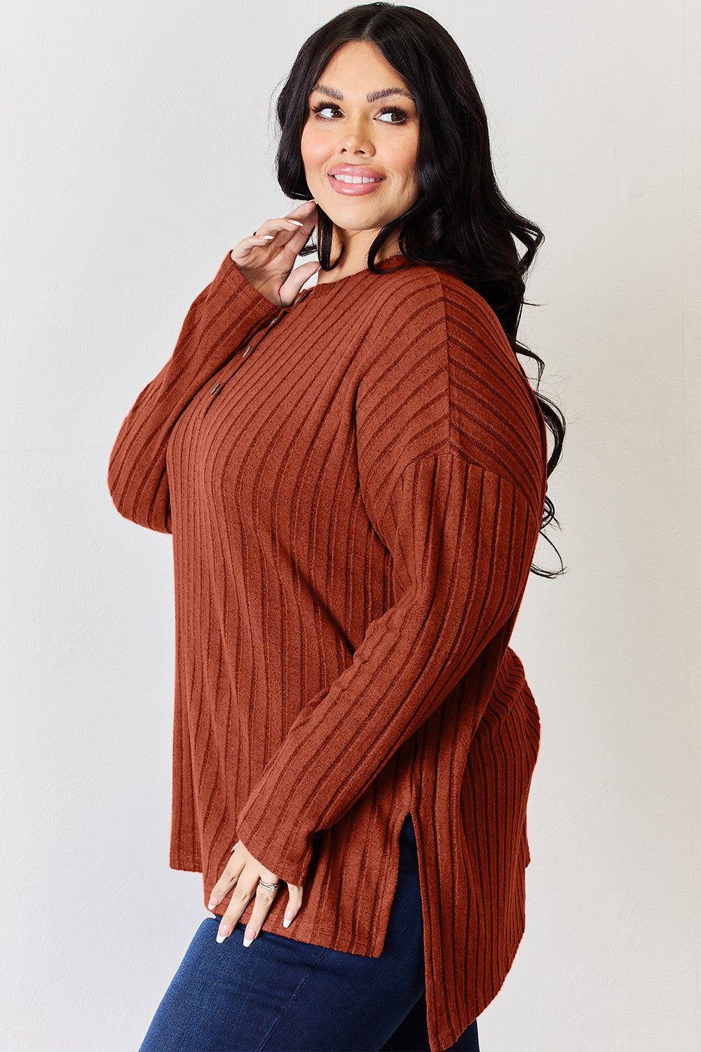 Basic Bae Full Size Ribbed Half Button Long Sleeve High-Low shirt