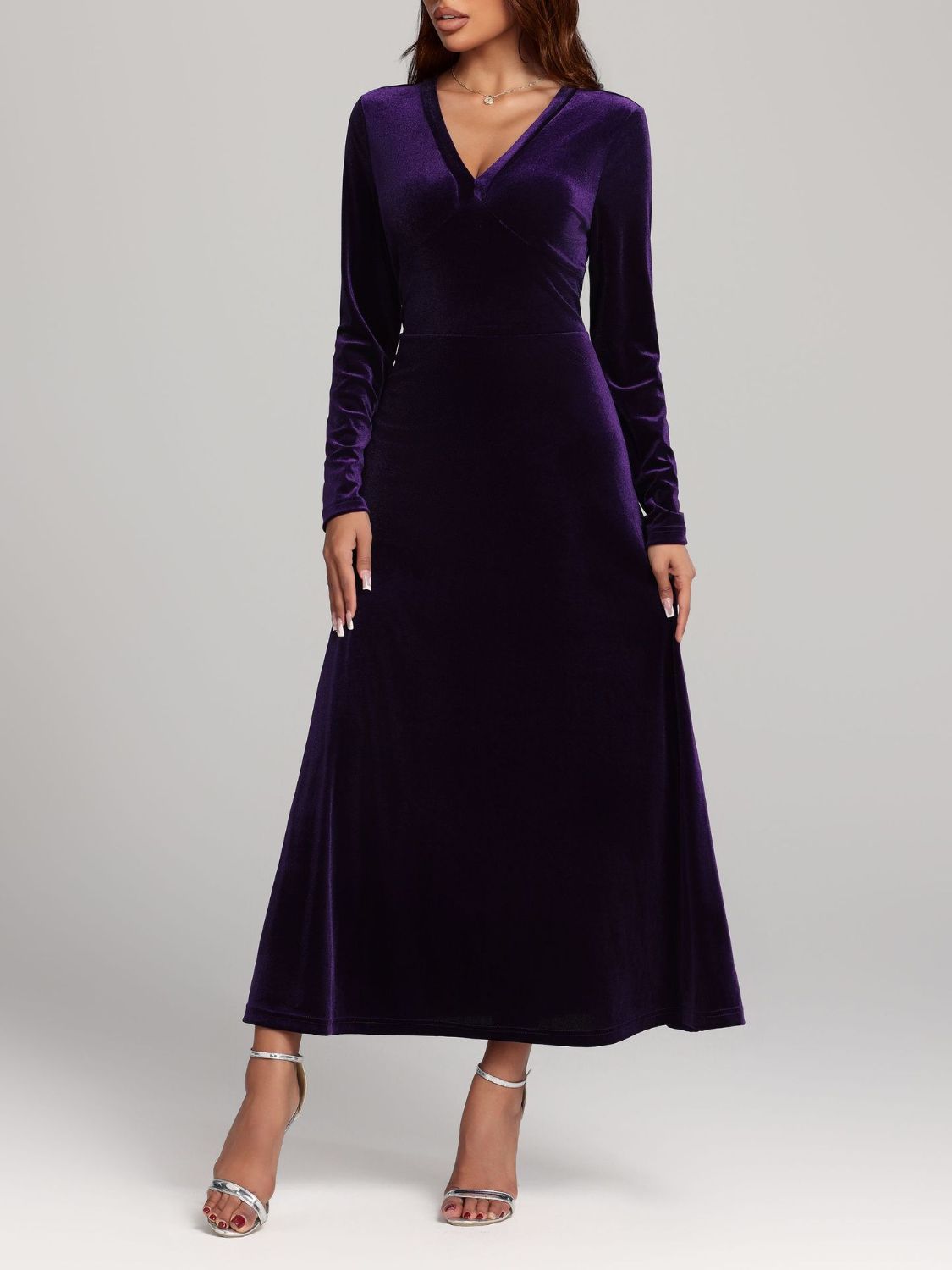 V-Neck Long Sleeve Velvet Dress