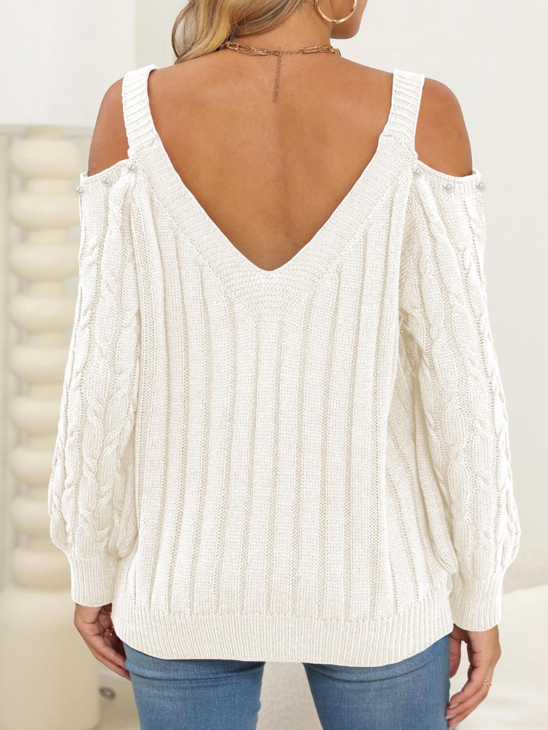 Cable-Knit Cold Shoulder Womens Sweater