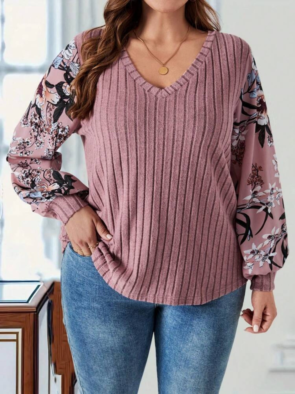 Plus Size Printed V-Neck Long Sleeve