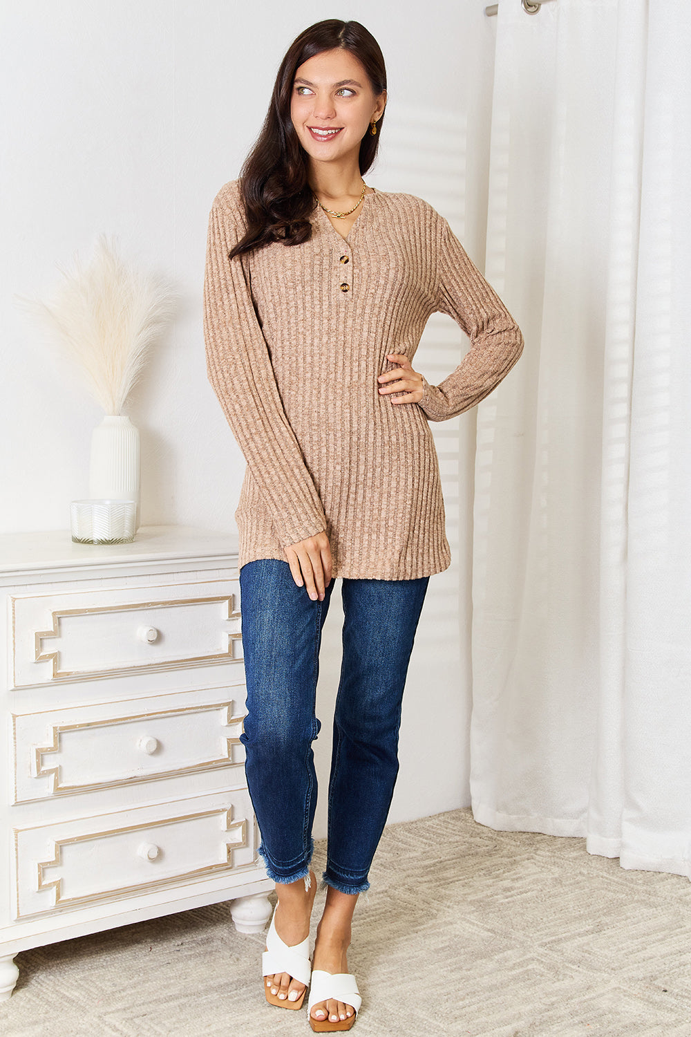 Double Take Notched Neck Ribbed Long Sleeve Shirt